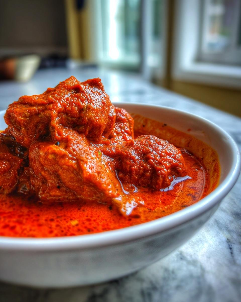 Nahaufnahme von St&uuml;cken H&auml;hnchen in einer leuchtend roten, w&uuml;rzigen Sauce, serviert in einer wei&szlig;en Sch&uuml;ssel: Chicken Rogan Josh.