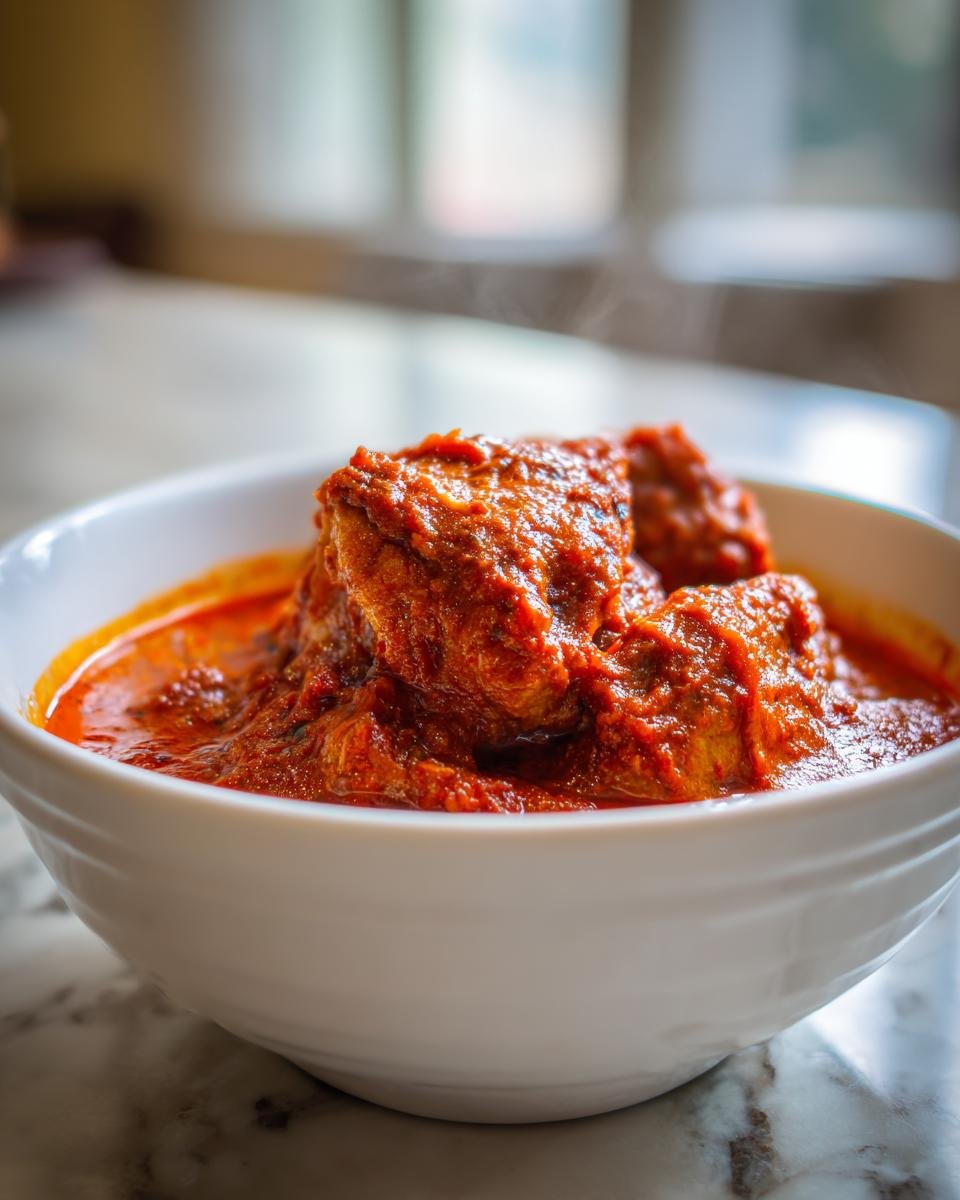 Nahaufnahme von dampfendem Chicken Rogan Josh in einer wei&szlig;en Sch&uuml;ssel mit intensiver roter Sauce.