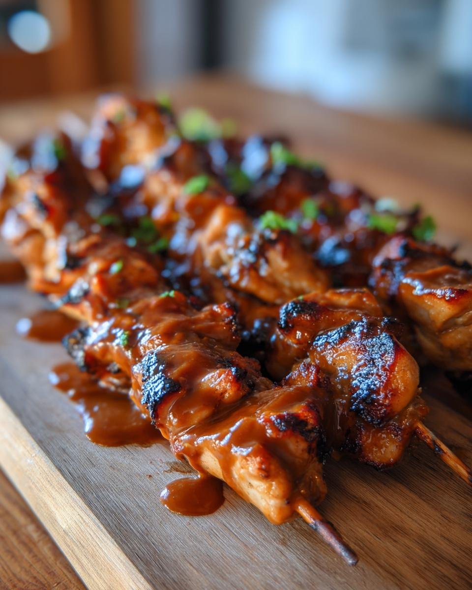 Gegrillte Chicken Satay Spie&szlig;e &uuml;bergossen mit cremiger Erdnussso&szlig;e auf einem Holzbrett.