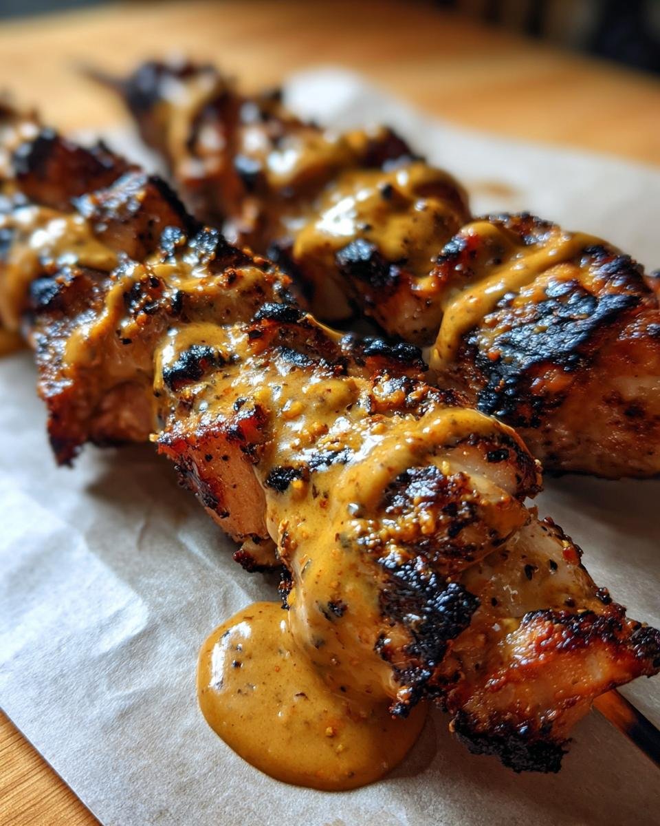 Nahaufnahme von gegrilltem Chicken Satay am Spie&szlig;, &uuml;bergossen mit cremiger Erdnussso&szlig;e.