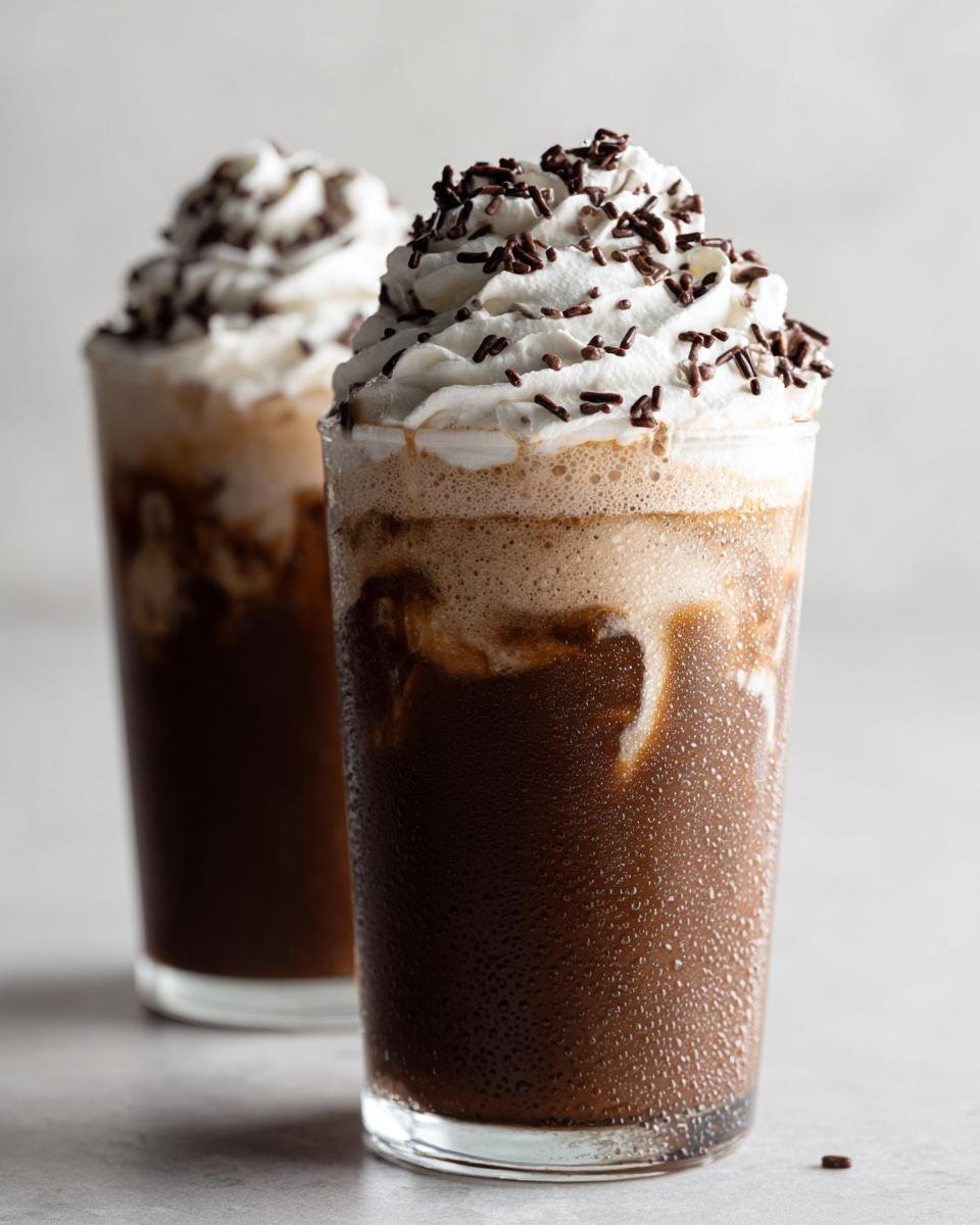 Zwei Gläser Chocolate And Vanilla Eiskaffee, gekrönt mit Schlagsahne und Schokostreuseln.