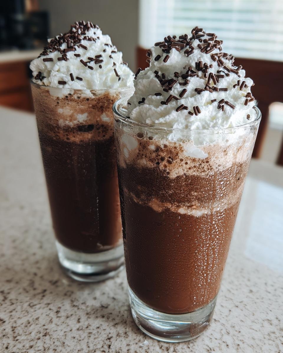 Zwei Gläser Chocolate And Vanilla Eiskaffee, bedeckt mit Schlagsahne und Schokostreuseln.