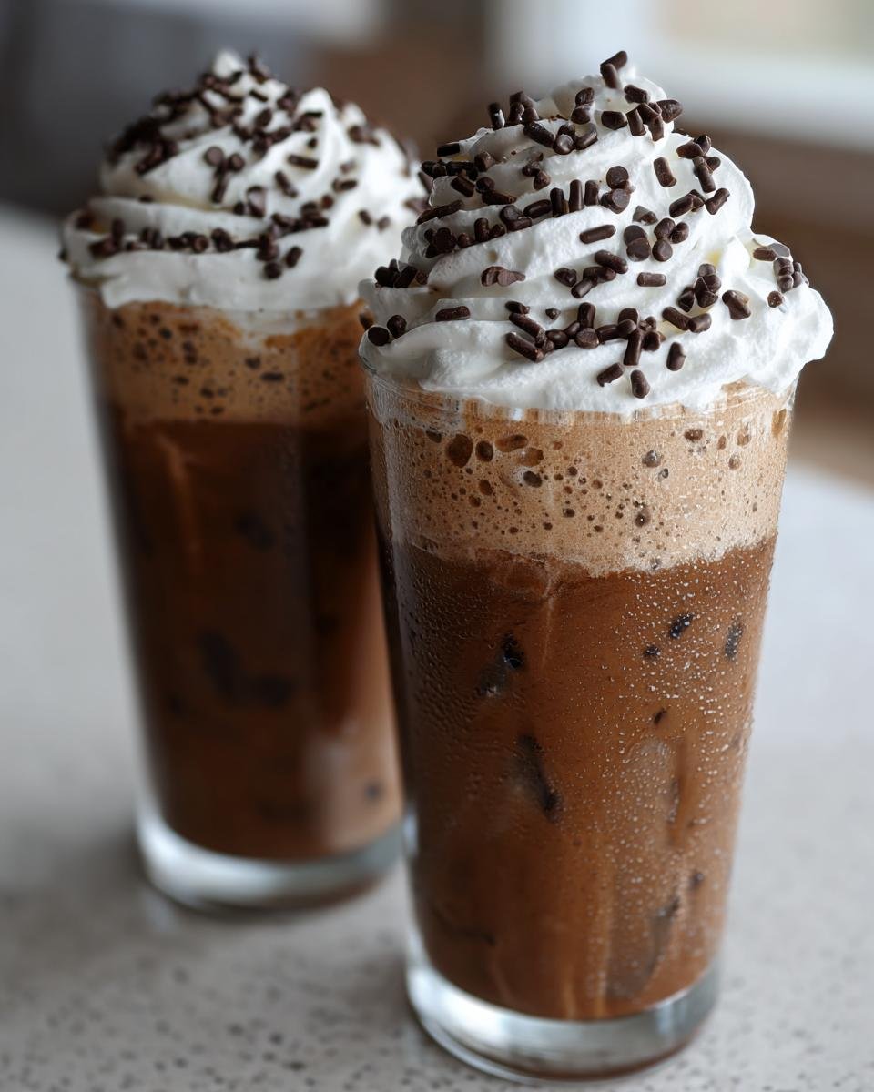 Zwei hohe Gläser mit kaltem Chocolate And Vanilla Eiskaffee, gekrönt mit Schlagsahne und Schokostreuseln.