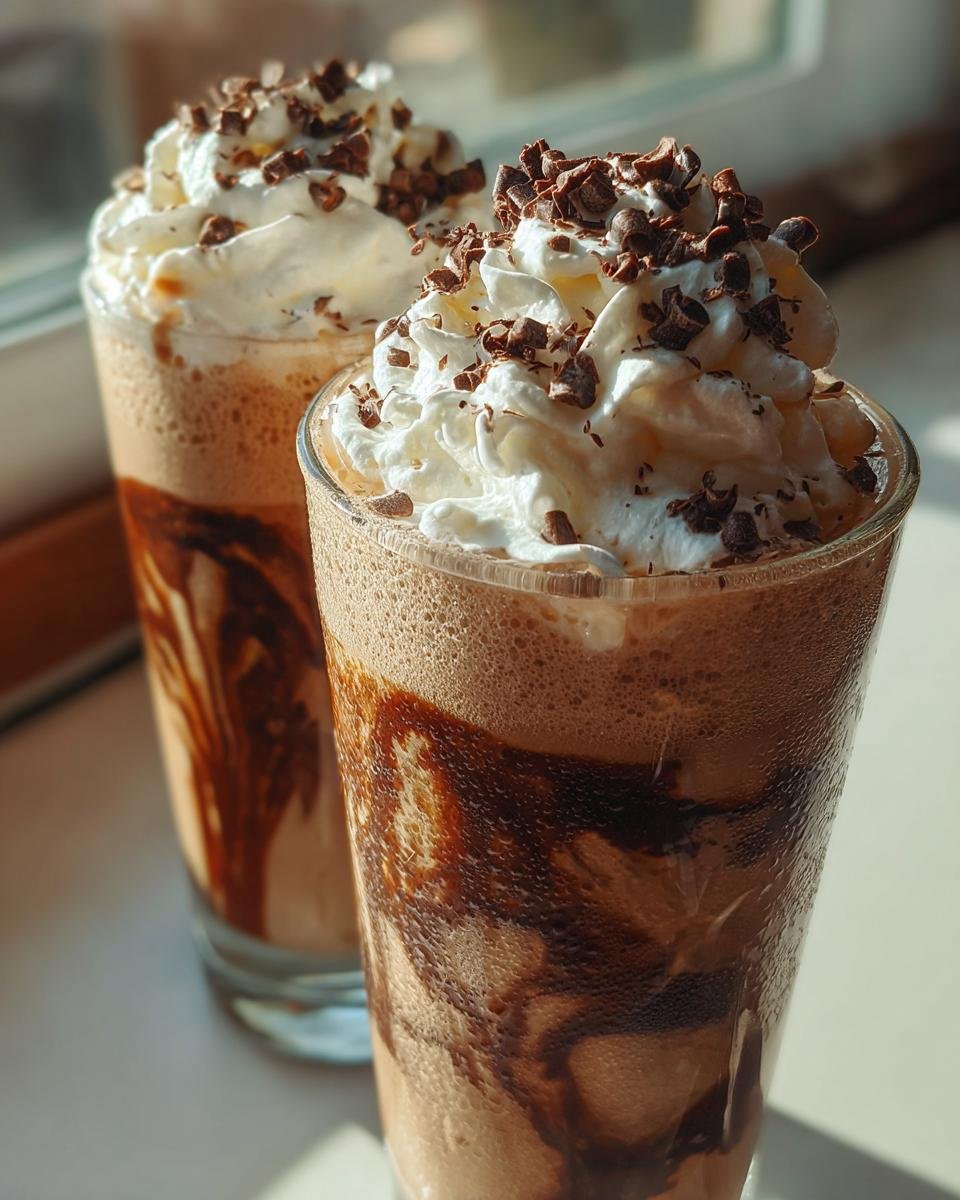 Zwei Gl&auml;ser Chocolate And Vanilla Eiskaffee, verziert mit viel Sahne und Schokostreuseln.