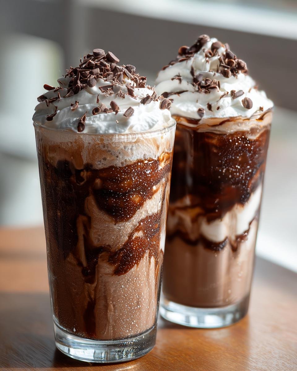 Nahaufnahme von zwei Gl&auml;sern Chocolate And Vanilla Eiskaffee, geschichtet mit Schokoladensauce und Schlagsahne.