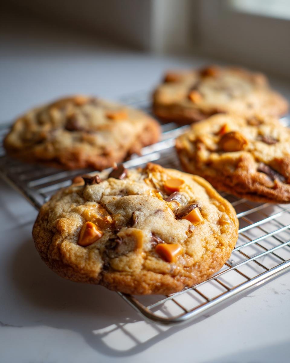 Nahaufnahme von weichen Chocolate Butterscotch Cookies, die auf einem Drahtgestell abk&uuml;hlen.