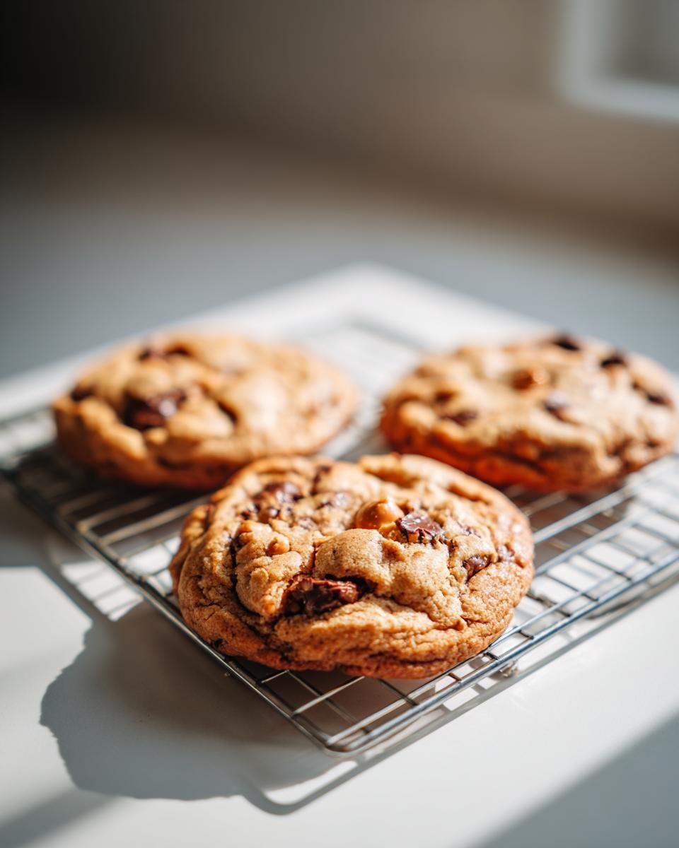 Drei frisch gebackene Chocolate Butterscotch Cookies auf einem Drahtgitter, beleuchtet durch helles Sonnenlicht.