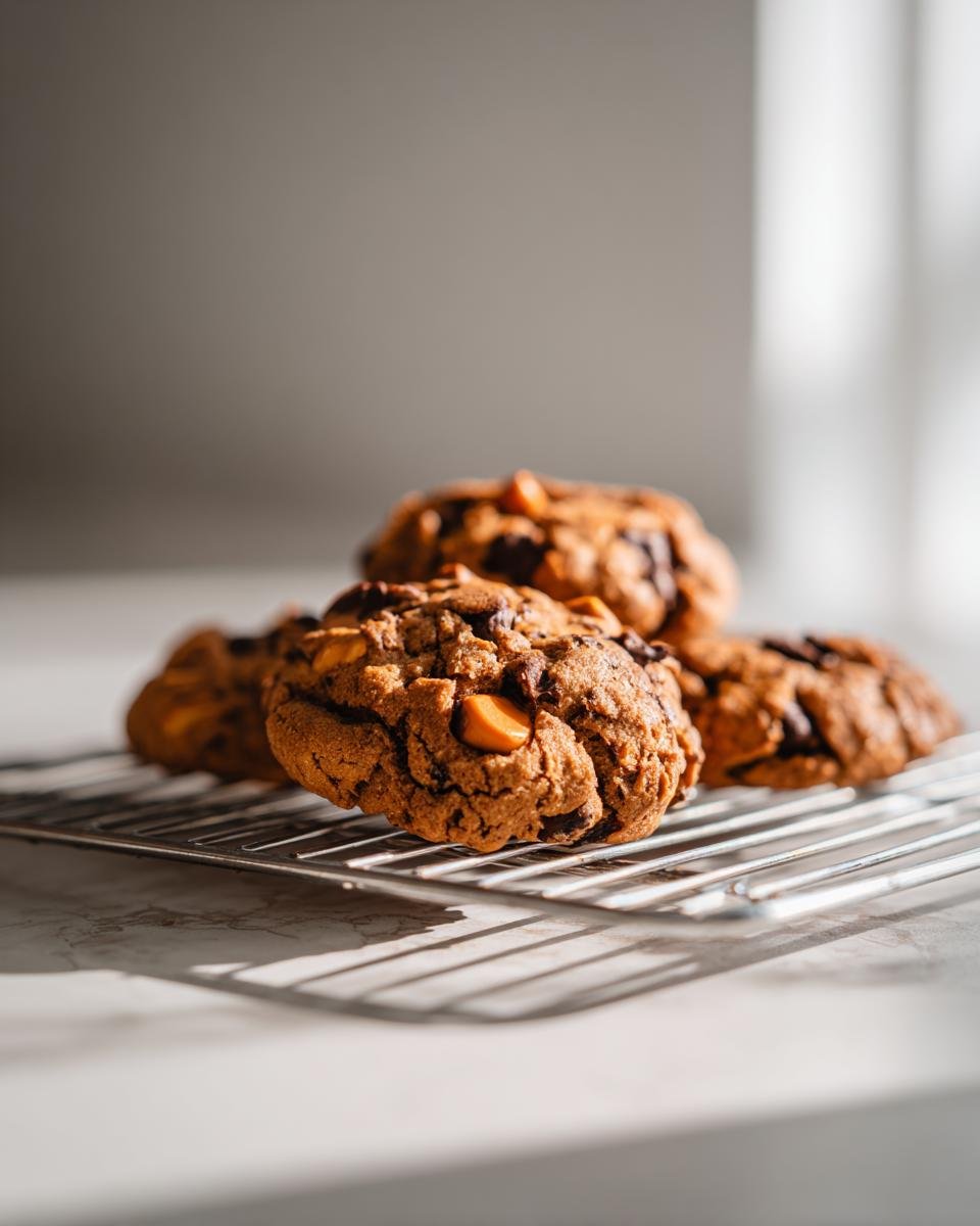 Nahaufnahme von Chocolate Butterscotch Cookies, die auf einem Metall-K&uuml;hlrost abk&uuml;hlen.