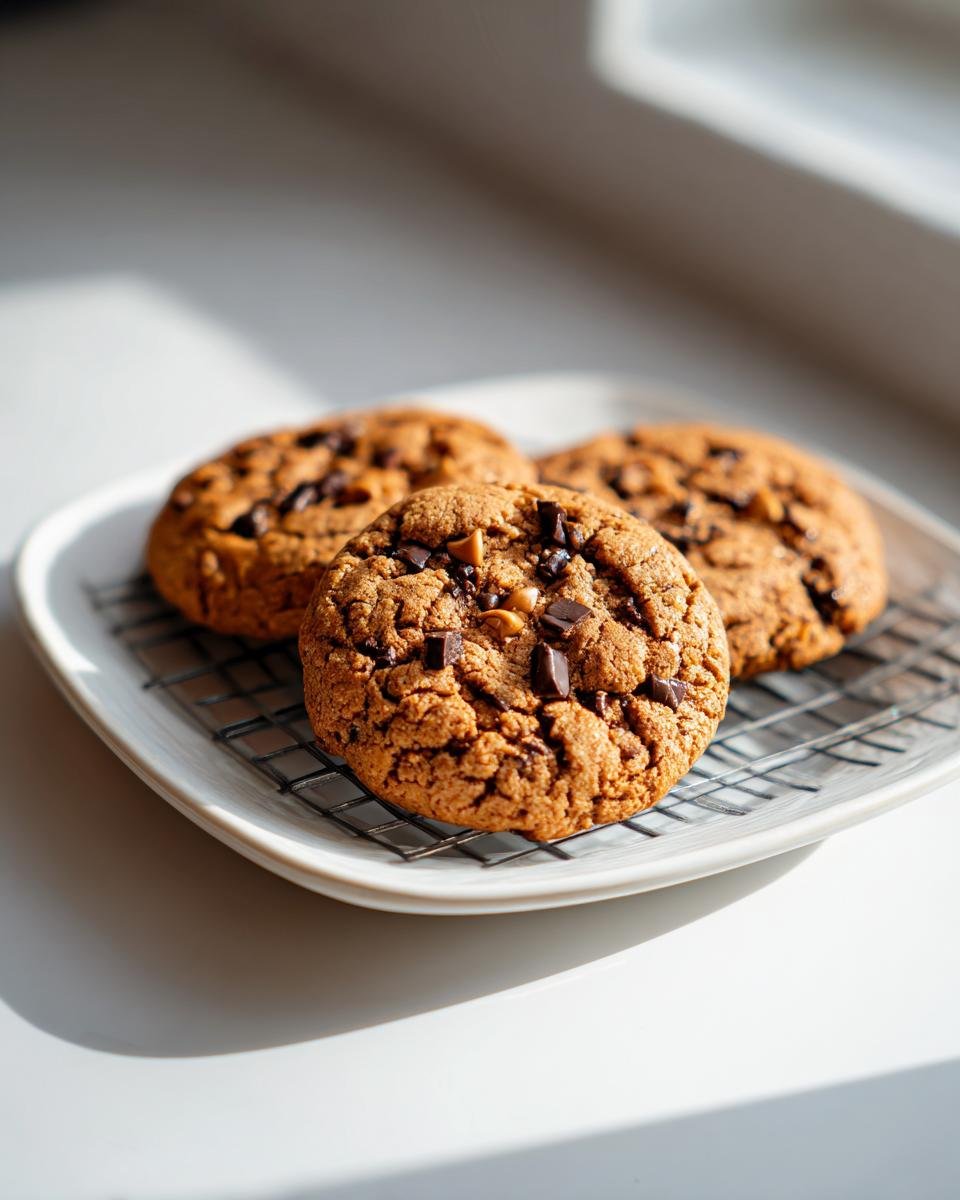 Drei frisch gebackene Chocolate Butterscotch Cookies mit Schokoladenst&uuml;ckchen auf einem wei&szlig;en Teller mit K&uuml;hlrost.