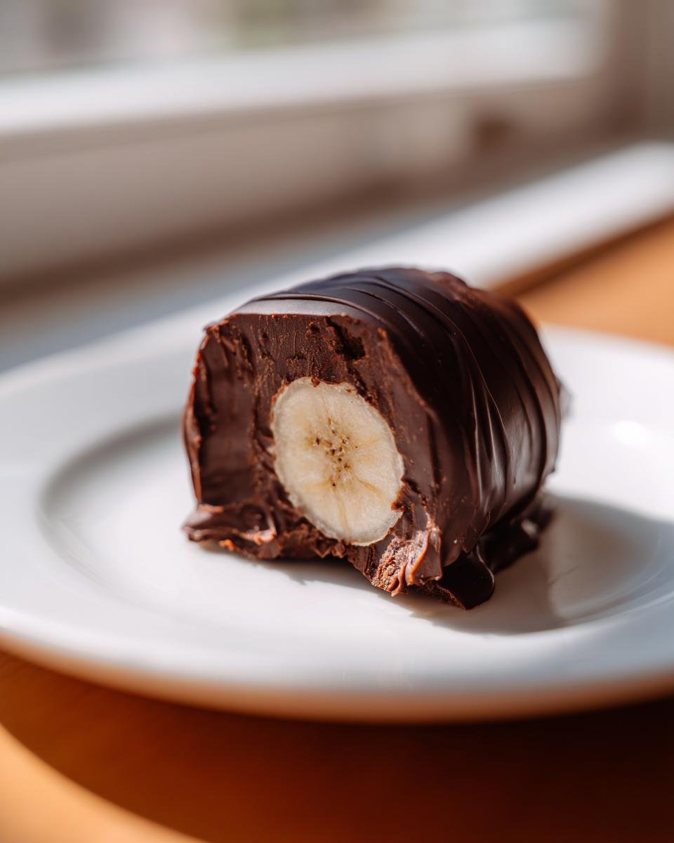 Nahaufnahme einer angeschnittenen Chocolate Covered Frozen Bananas mit Bananenscheibe im Inneren.