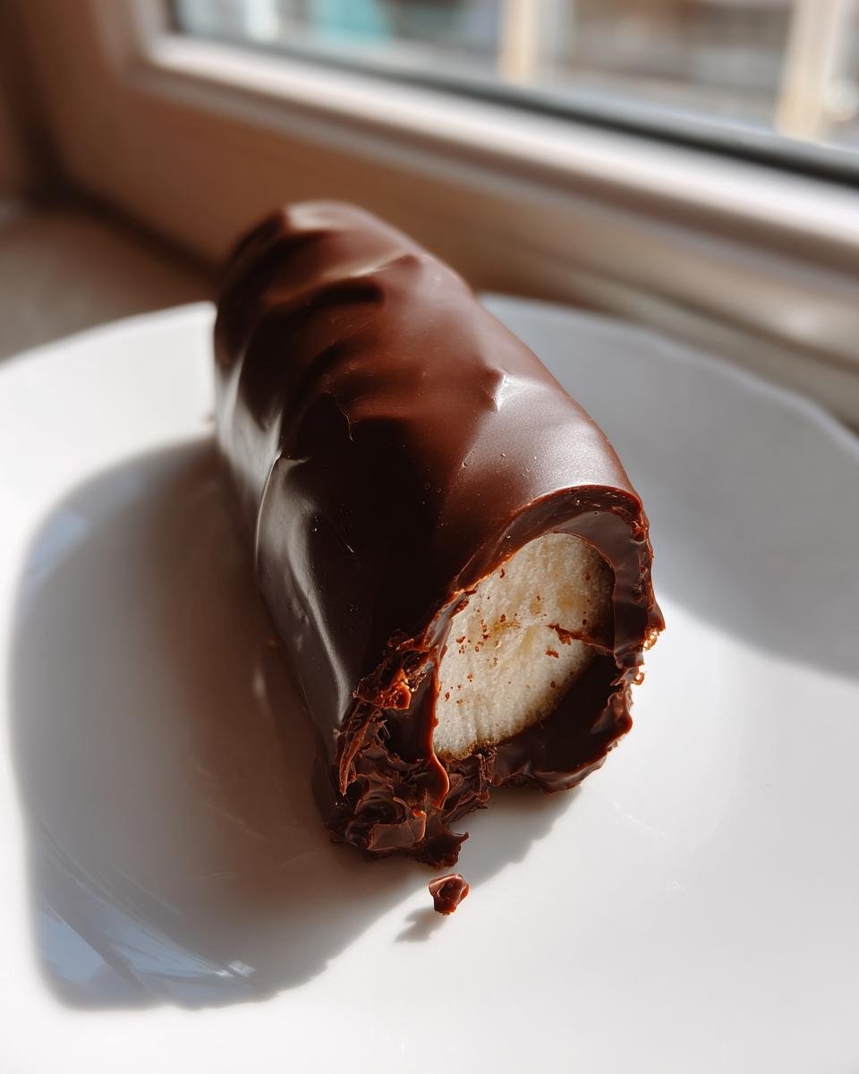 Ein angebissener Chocolate Covered Frozen Bananas mit dunkler Schokoladenh&uuml;lle auf einem wei&szlig;en Teller.
