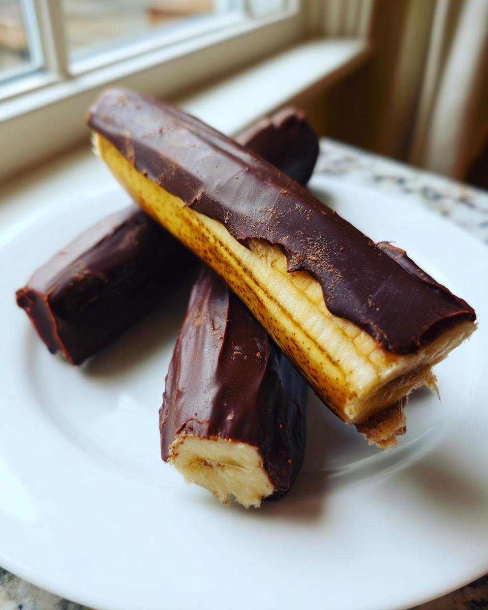 Drei Chocolate Covered Frozen Bananas auf einem wei&szlig;en Teller, teilweise mit dunkler Schokolade &uuml;berzogen.