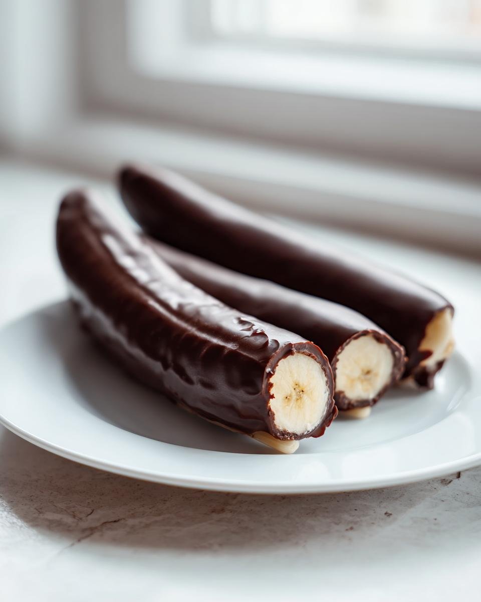 Drei Chocolate Covered Frozen Bananas auf einem wei&szlig;en Teller, einer angeschnitten.
