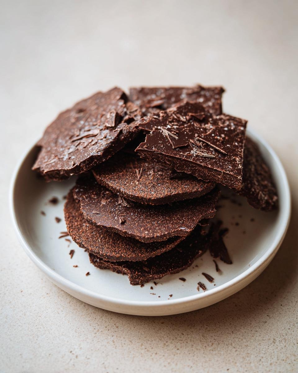 Stapel von dunklen, zerbrochenen Chocolate Crackers mit einer leicht salzigen Textur auf einem kleinen wei&szlig;en Teller.