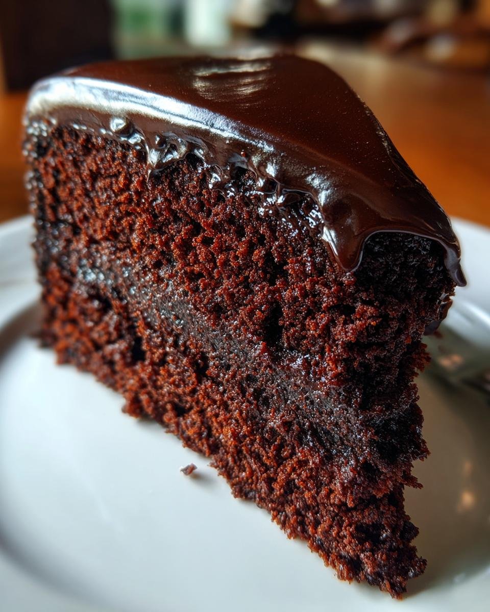 Nahaufnahme eines saftigen St&uuml;cks Chocolate Fudge Cake mit gl&auml;nzender dunkler Schokoladenglasur.