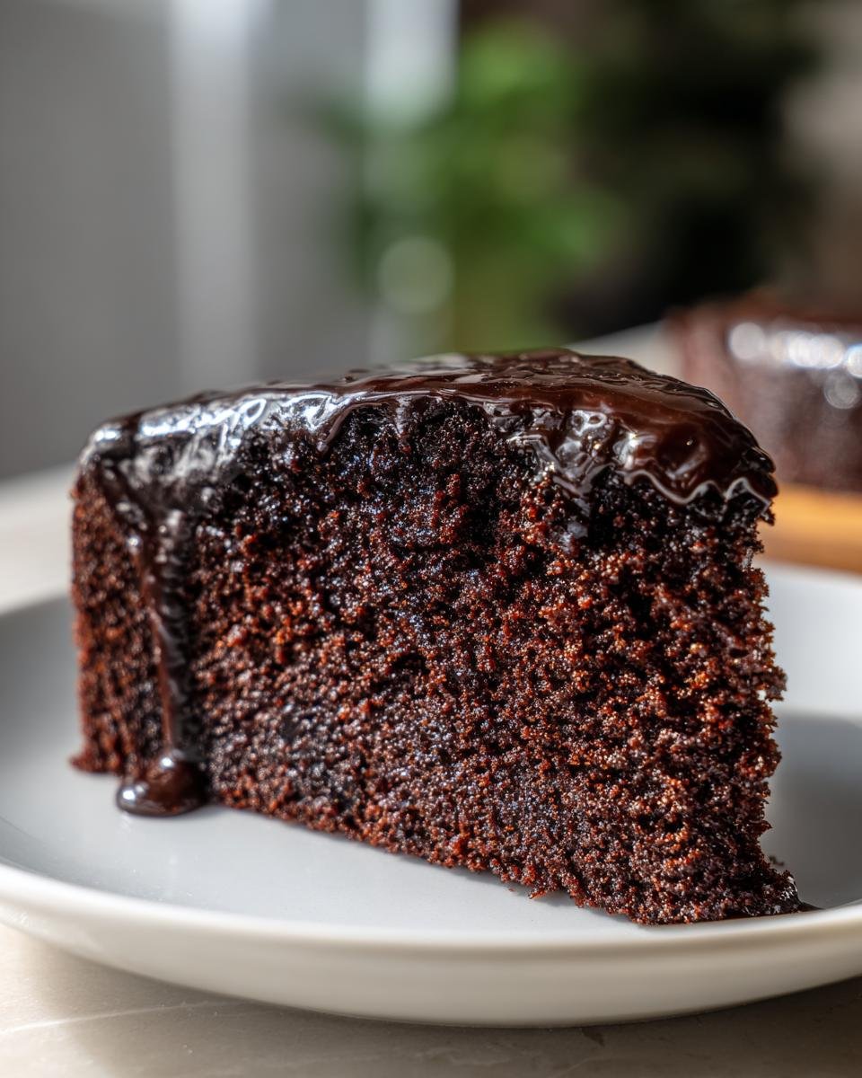 Nahaufnahme eines dicken St&uuml;cks saftigen Chocolate Fudge Cake mit gl&auml;nzender dunkler Schokoladenglasur auf einem Teller.