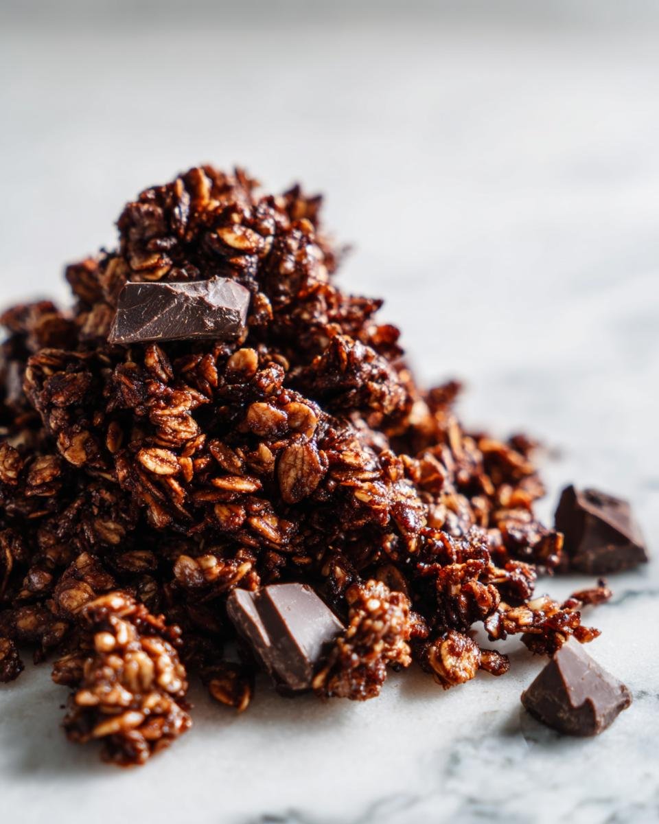 Nahaufnahme von dunklem, knusprigem Chocolate Granola mit groben St&uuml;cken dunkler Schokolade auf wei&szlig;em Marmor.