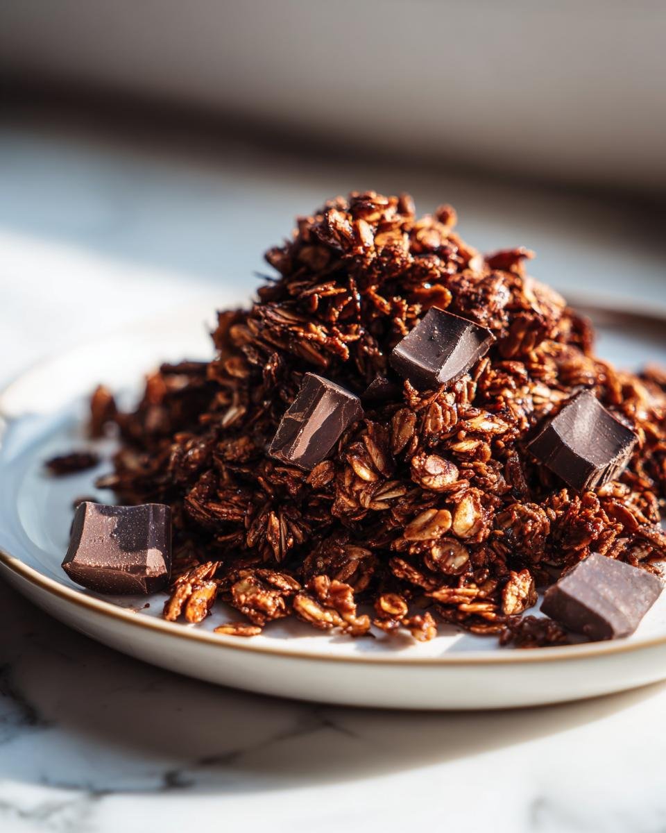 Haufen von dunklem, knusprigem Chocolate Granola, garniert mit dunklen Schokoladenst&uuml;cken auf einem wei&szlig;en Teller.