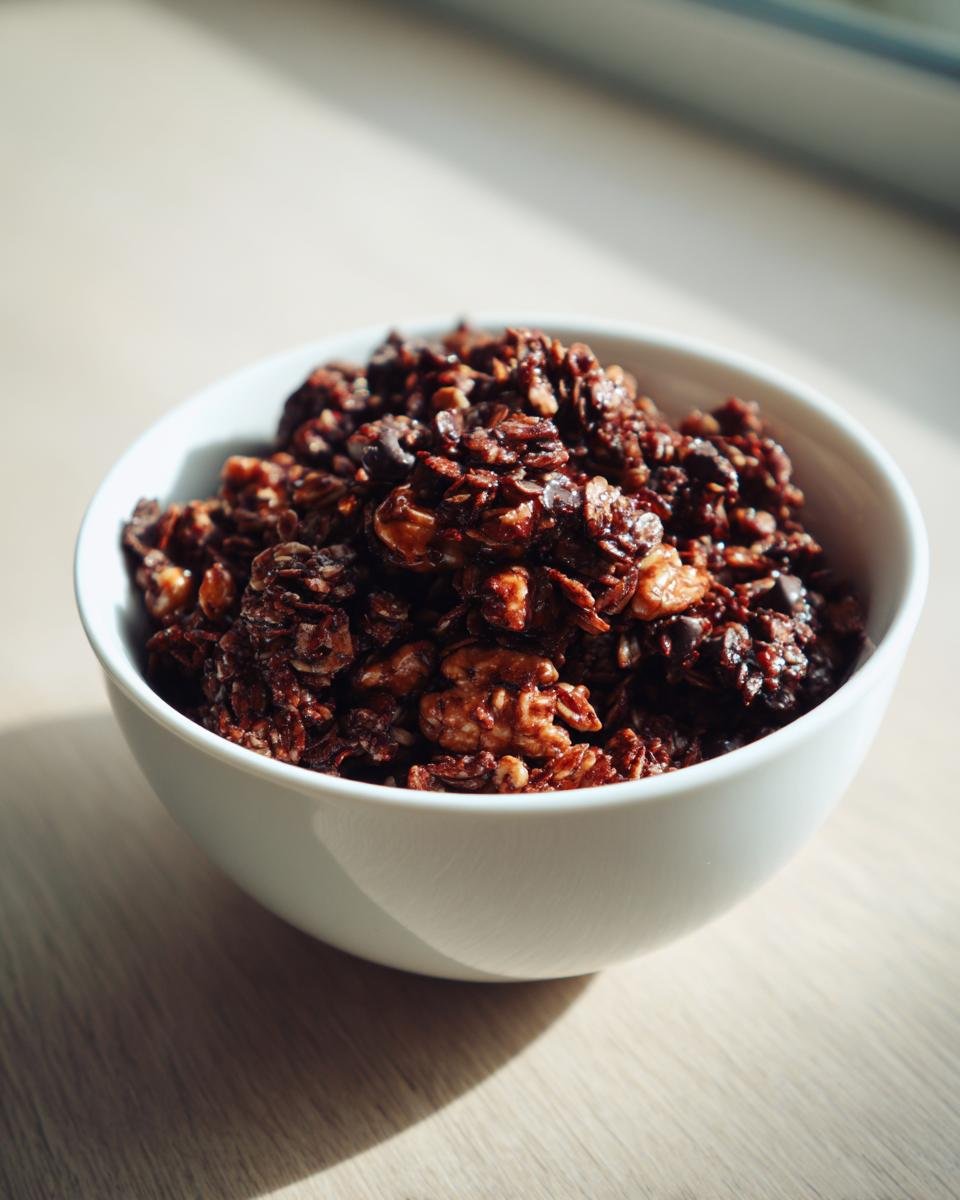 Nahaufnahme von knusprigem, dunklem Chocolate Granola in einer wei&szlig;en Sch&uuml;ssel auf hellem Holz.