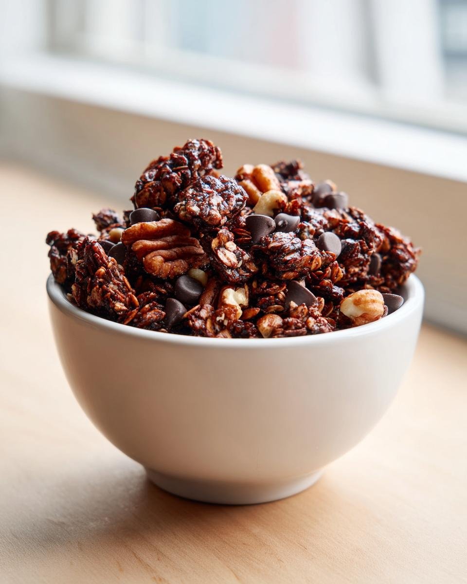 Nahaufnahme von knusprigem Chocolate Granola mit N&uuml;ssen und Schokost&uuml;ckchen in einer wei&szlig;en Sch&uuml;ssel.