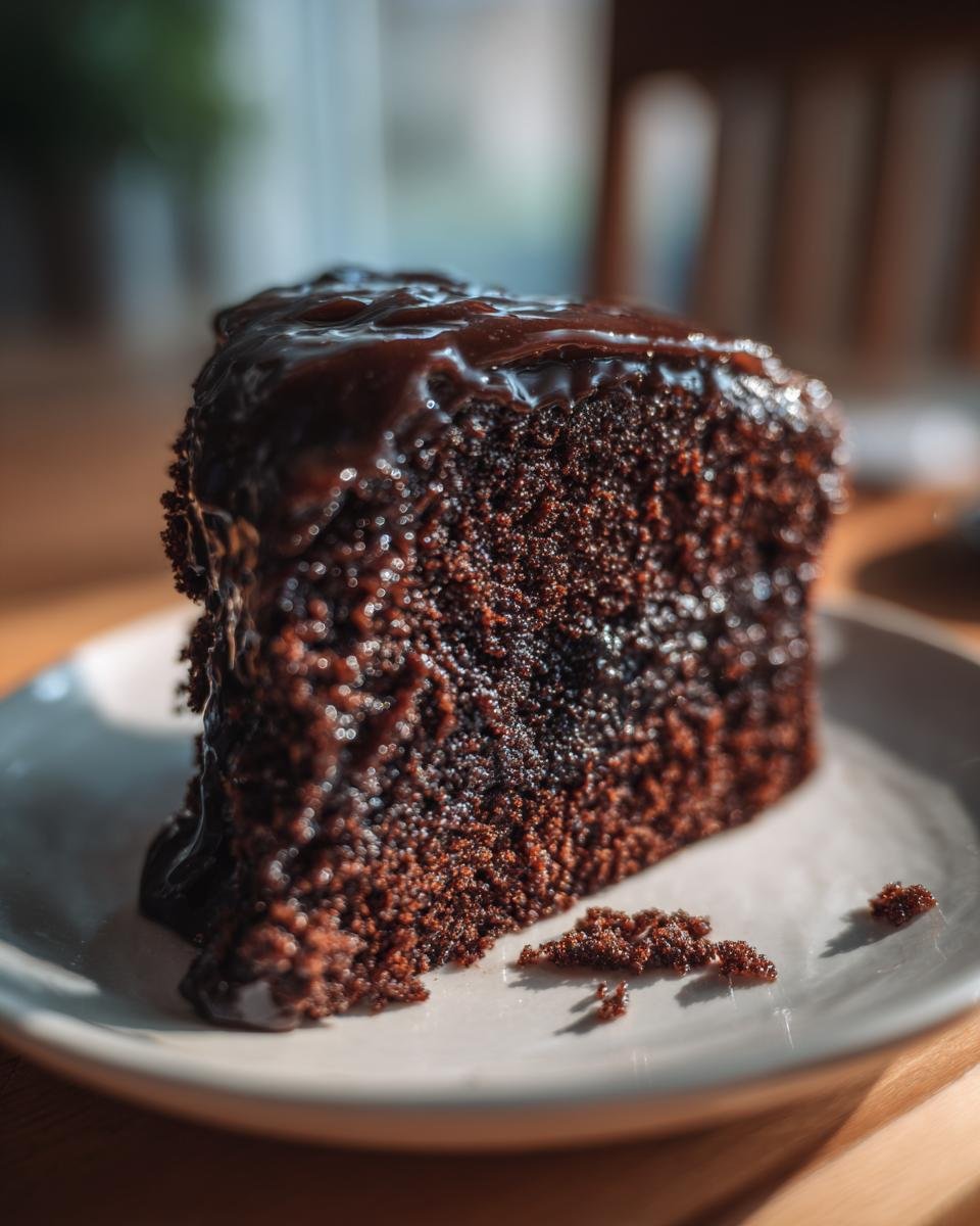 Nahaufnahme eines saftigen St&uuml;cks Chocolate Kahlua Cake mit dunkler Schokoladenglasur auf einem wei&szlig;en Teller.