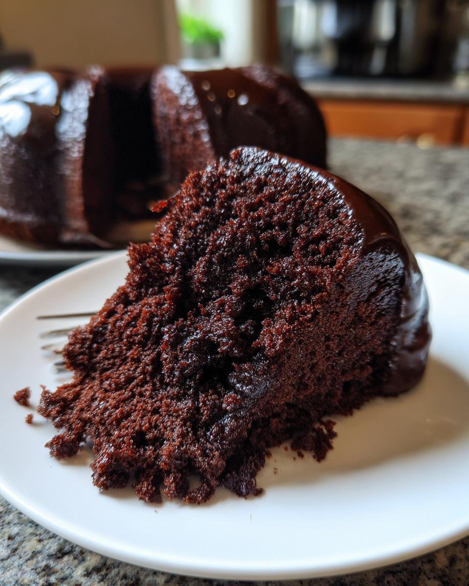 Nahaufnahme eines saftigen St&uuml;cks Chocolate Kahlua Cake mit dunkler Glasur auf einem wei&szlig;en Teller.