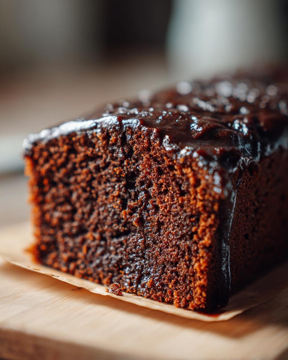 Nahaufnahme eines saftigen St&uuml;cks Chocolate Kahlua Cake mit dunkler Glasur auf Backpapier.