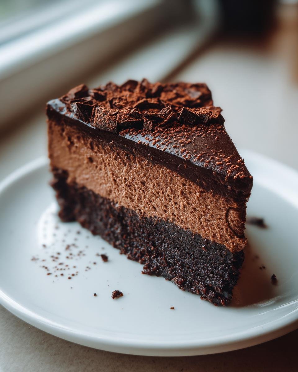 Nahaufnahme eines St&uuml;cks Chocolate Mousse Cake mit dunklem Boden und heller Mousse.