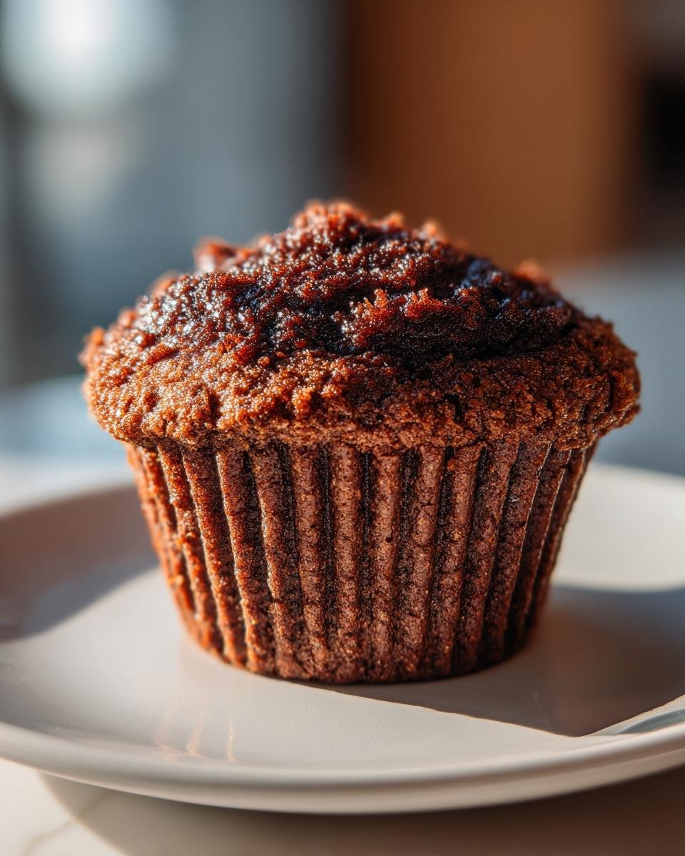 Nahaufnahme eines saftigen Chocolate Sweet Potato Cupcakes mit dunklem Schokoladen-Swirl-Guss auf einem wei&szlig;en Teller.