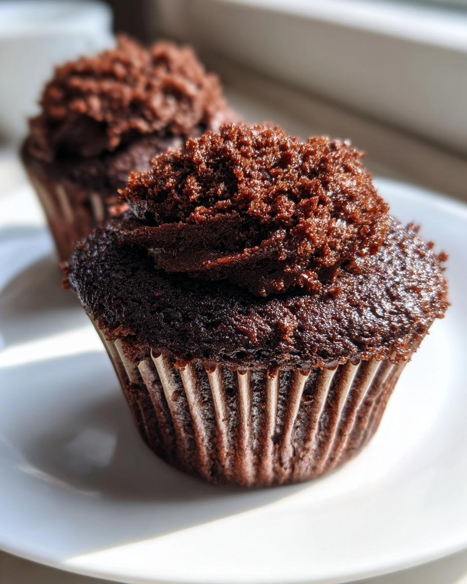 Nahaufnahme von zwei saftigen Chocolate Sweet Potato Cupcakes mit dunklem Schokoladen-Frosting auf einem wei&szlig;en Teller.