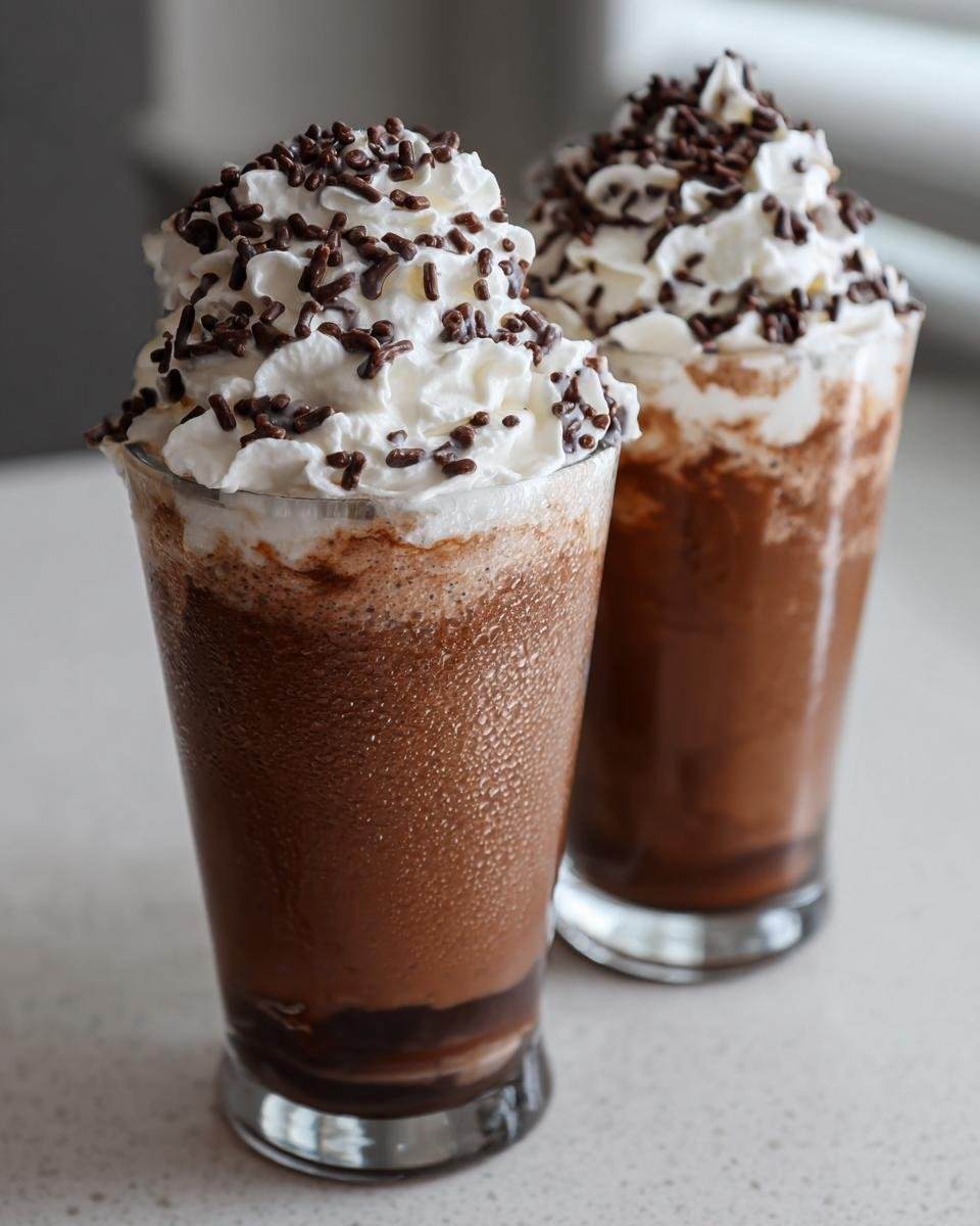 Zwei Gläser Chocolate And Vanilla Eiskaffee, gekrönt mit Sahne und Schokostreuseln.