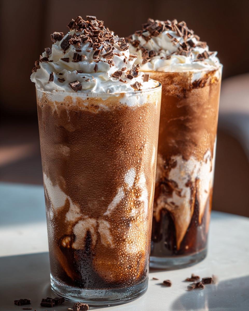 Zwei hohe Gl&auml;ser mit cremigem Chocolate And Vanilla Eiskaffee, gekr&ouml;nt mit Schlagsahne und Schokostreuseln.