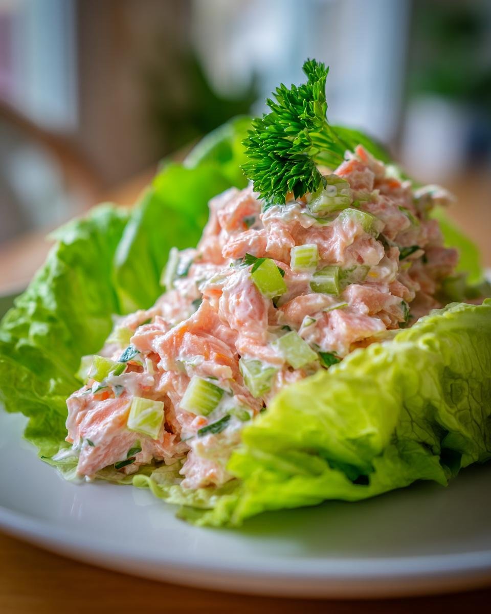 Nahaufnahme von cremigem Chopped Salmon Salad mit Selleriew&uuml;rfeln, serviert in einem knackigen Salatblatt.