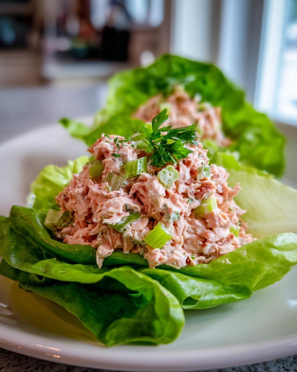 Nahaufnahme von Chopped Salmon Salad, serviert in knackigen gr&uuml;nen Salatbl&auml;ttern, garniert mit Petersilie.