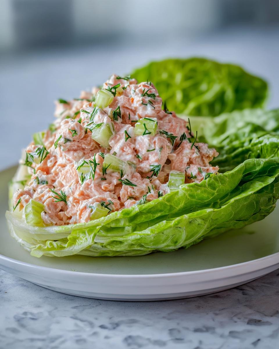 Nahaufnahme von Chopped Salmon Salad mit Gurkenst&uuml;ckchen und Dill in einem knackigen Salatblatt serviert.