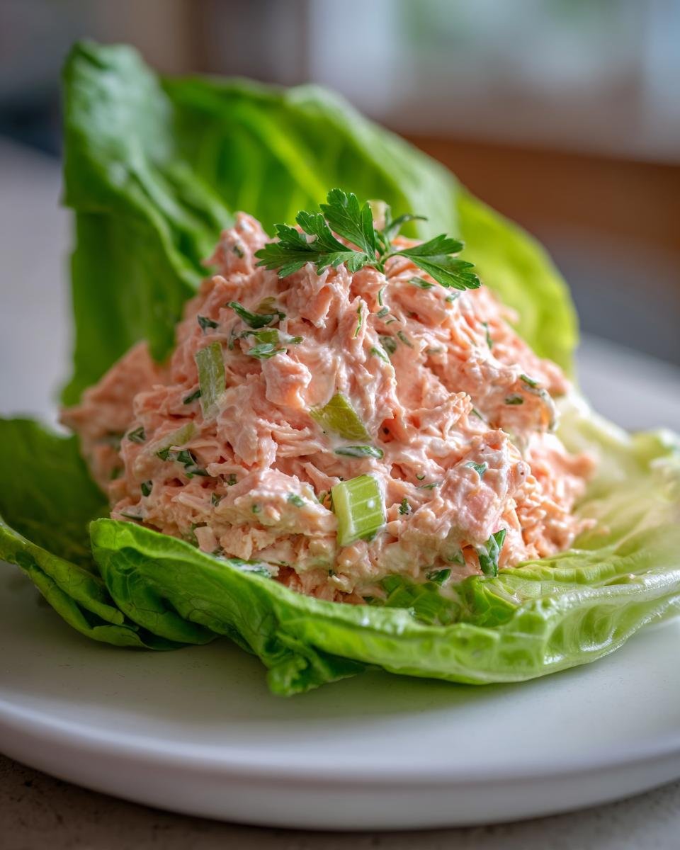Nahaufnahme des cremigen Chopped Salmon Salad, serviert in einem knackigen gr&uuml;nen Salatblatt, garniert mit Petersilie.