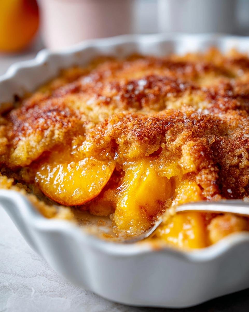 Nahaufnahme eines L&ouml;ffels, der in den saftigen Pfirsichen des Cinnamon Sugar Peach Cobbler Dump Cake gr&auml;bt.