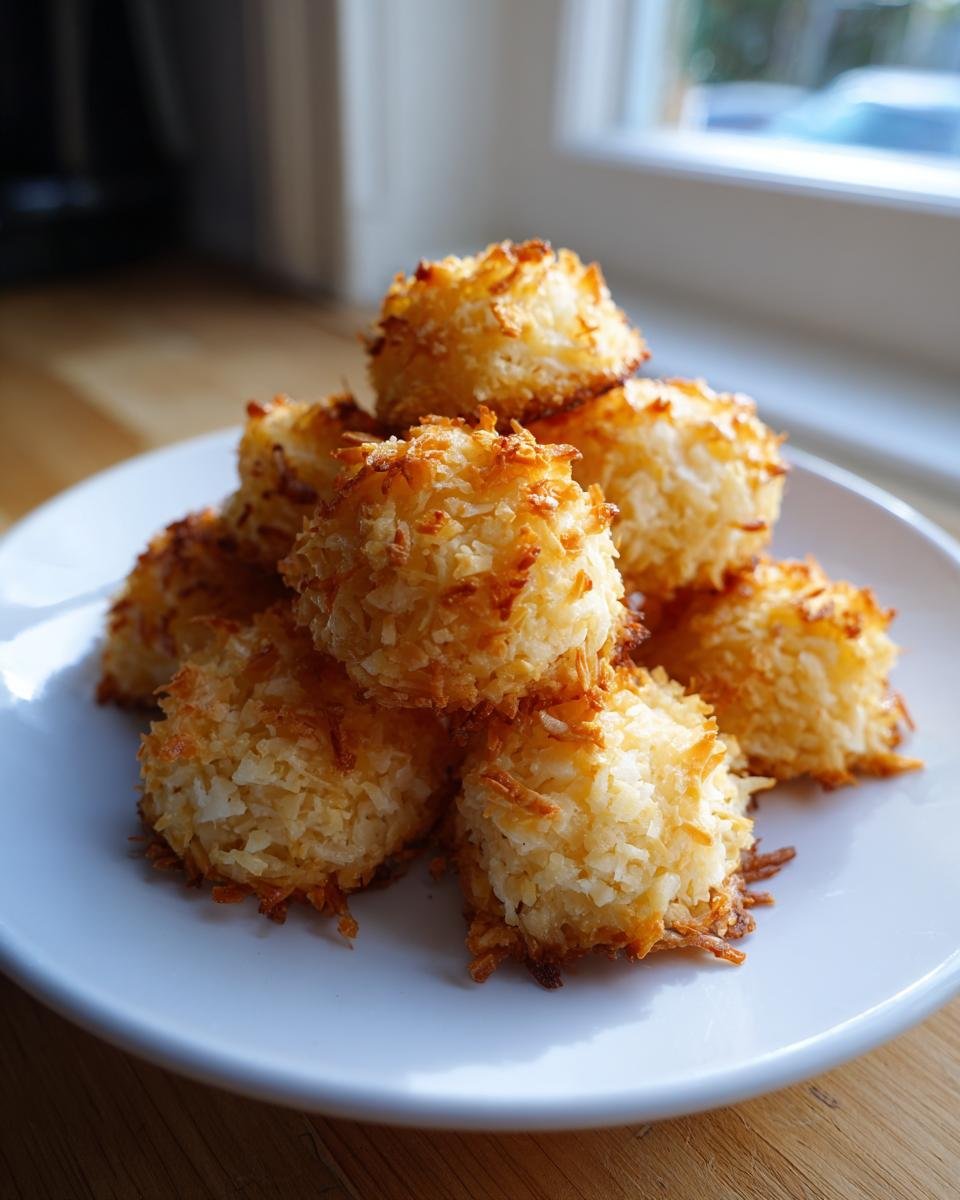 Ein Haufen goldbrauner, saftiger Coconut Macaroons, appetitlich auf einem weißen Teller gestapelt.