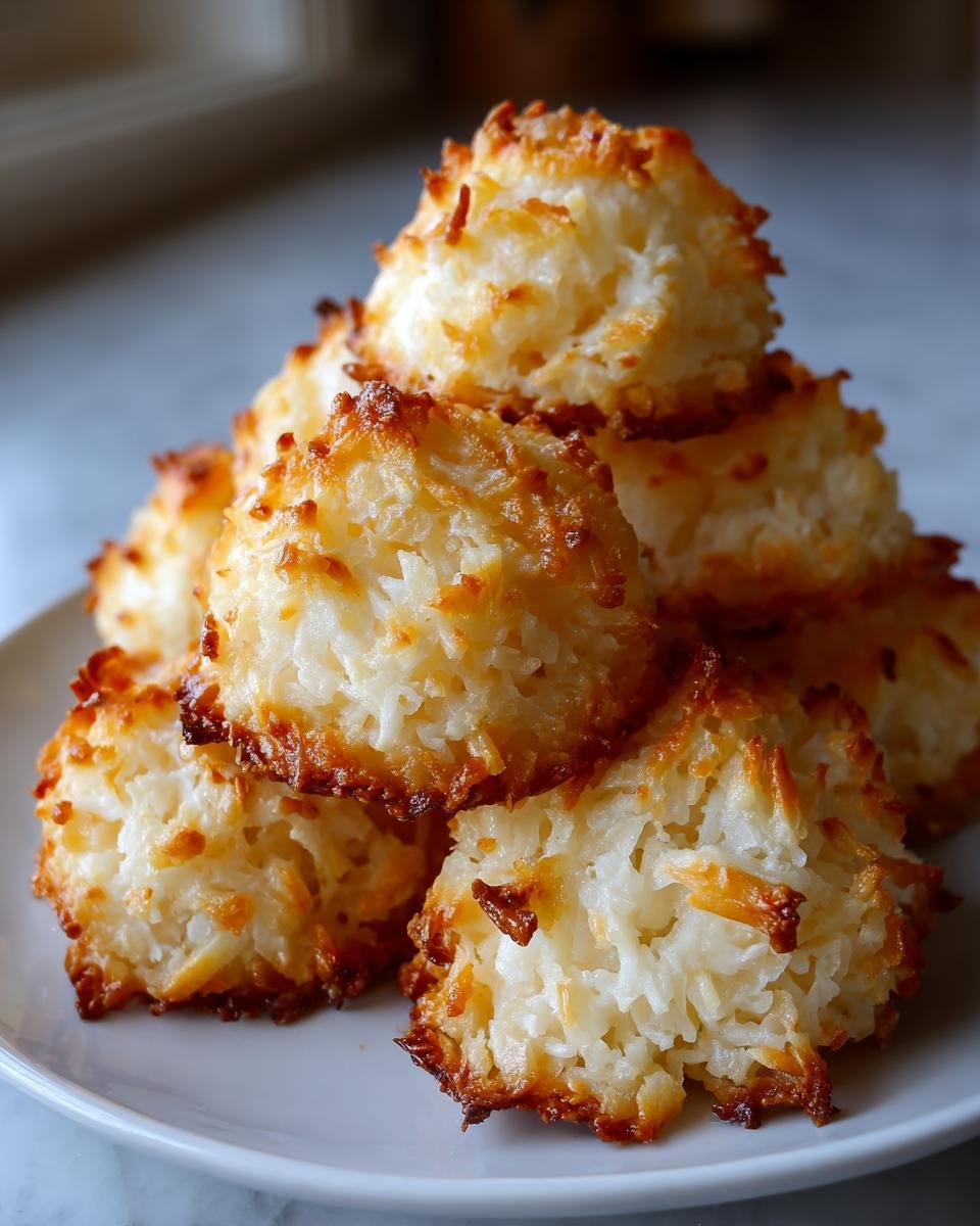 Ein Stapel saftiger Coconut Macaroons mit goldbraun gebackenen Spitzen auf einem wei&szlig;en Teller.