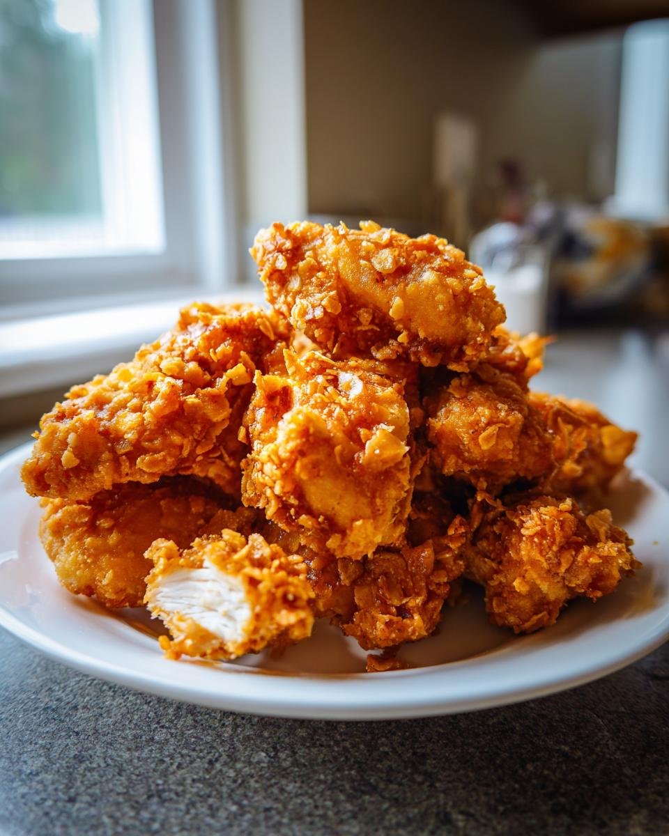 Ein Haufen goldbraun frittierter Cornflake Chicken Streifen auf einem weißen Teller, einer ist angeschnitten.