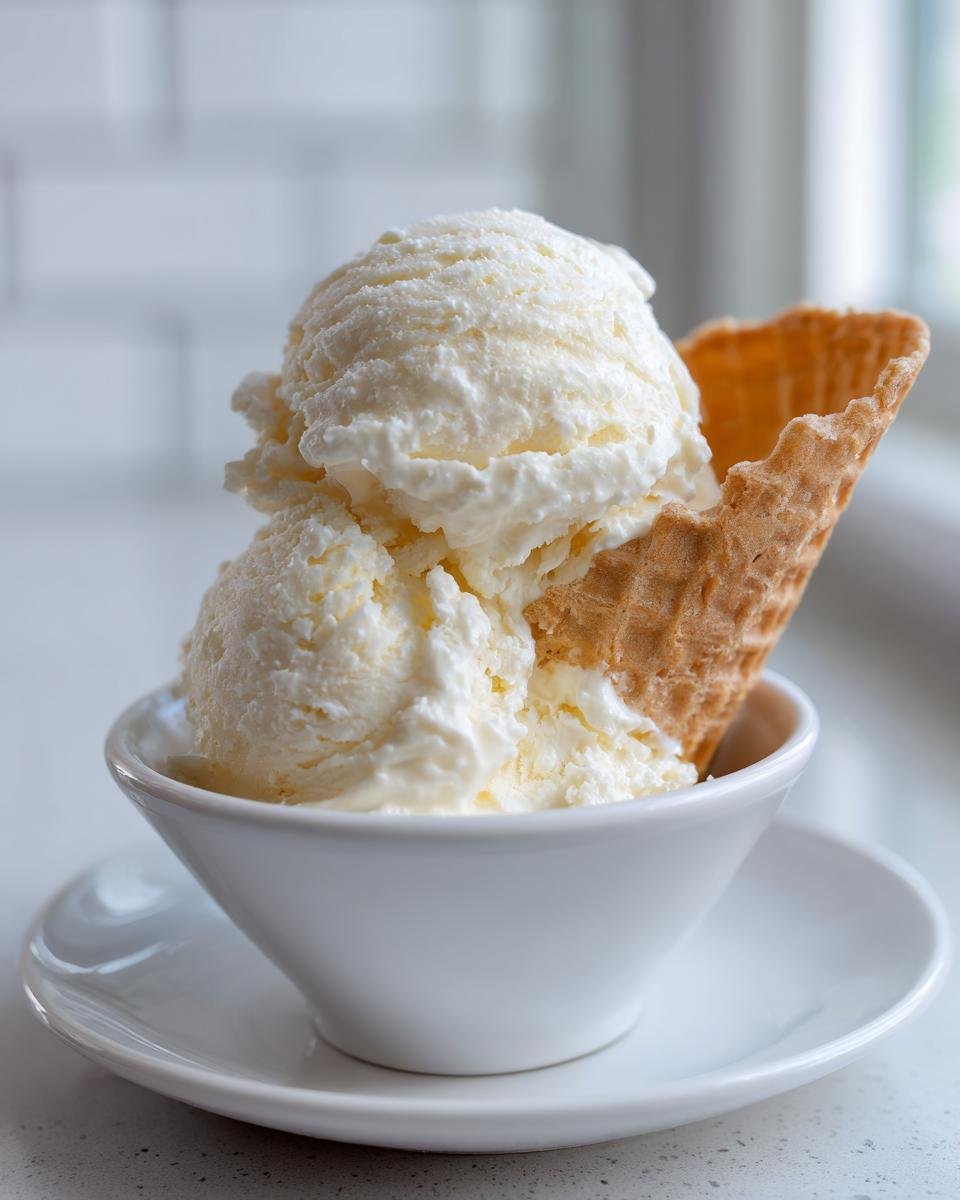 Zwei Kugeln cremiges Cottage Cheese Ice Cream in einer wei&szlig;en Schale mit einem Waffelst&uuml;ck.