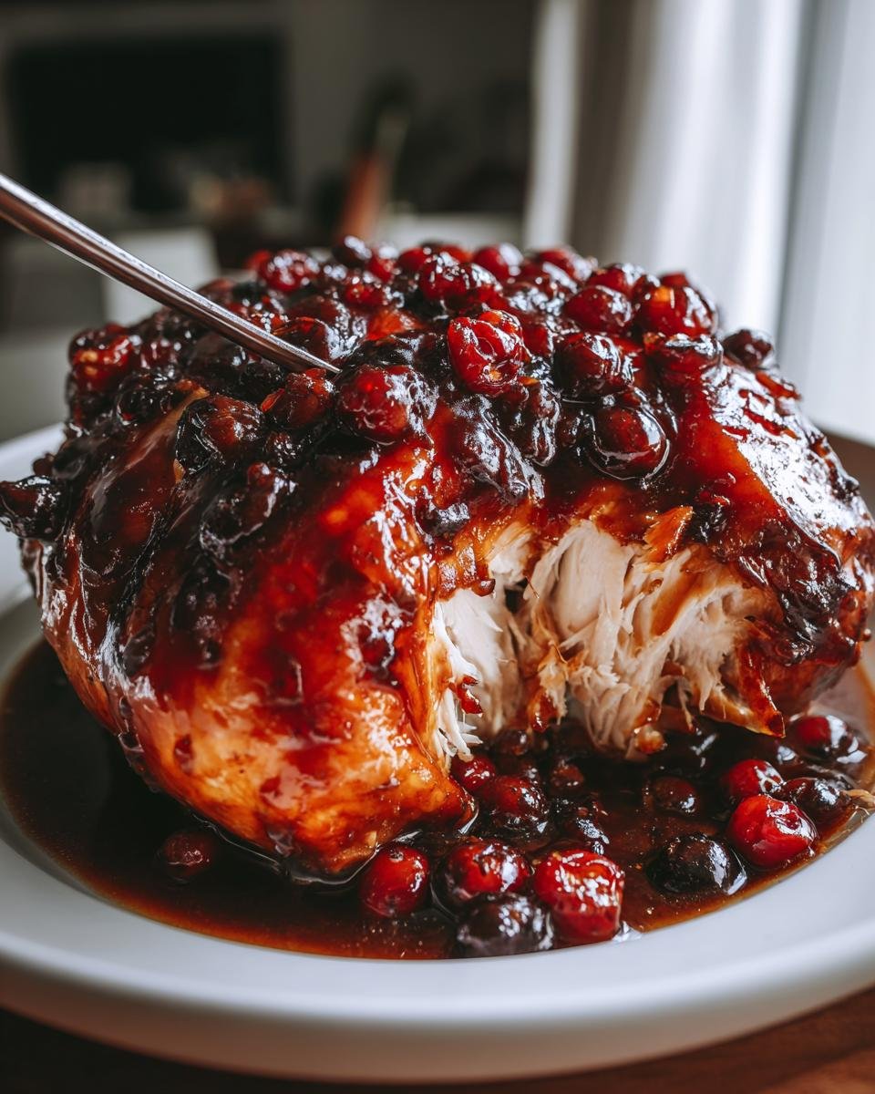 Anschnitt vom Cranberry Maple Roast Chicken mit dunkler Glasur und ganzen Cranberrys.