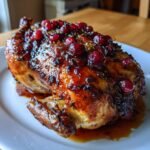 Nahaufnahme eines saftigen Cranberry Maple Roast Chicken mit gl&auml;nzender Glasur und ganzen Cranberries.
