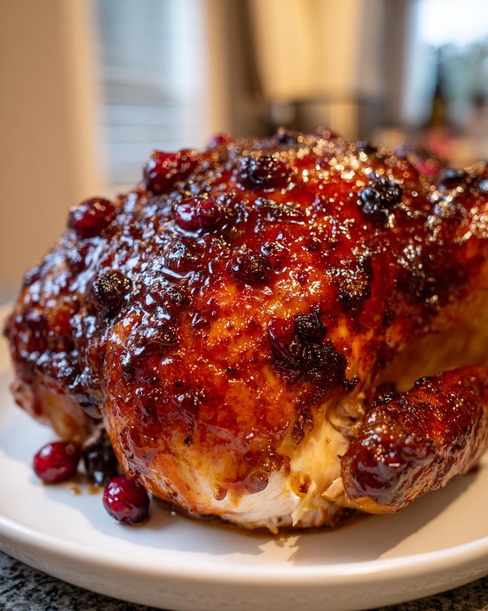 Nahaufnahme eines saftigen Cranberry Maple Roast Chicken mit gl&auml;nzender, karamellisierter Kruste und ganzen Cranberrys.