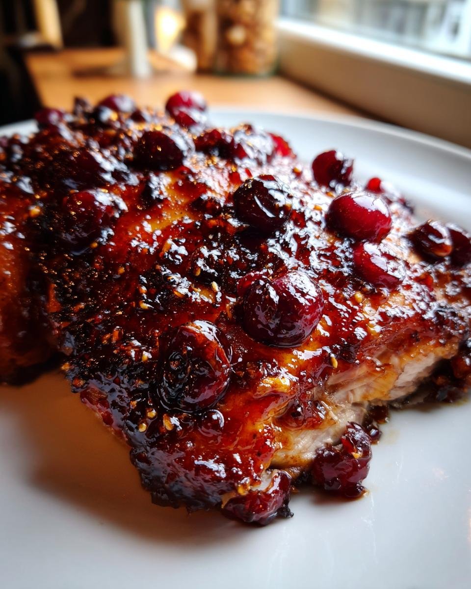 Nahaufnahme von saftigem Cranberry Maple Roast Chicken mit gl&auml;nzender, dunkler Glasur und ganzen Cranberries.