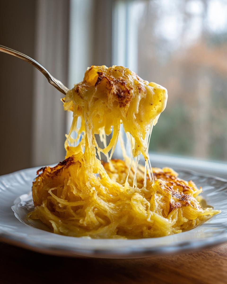 Gabel zieht F&auml;den von cremigem Spaghetti Squash mit &uuml;berbackener K&auml;sekruste.
