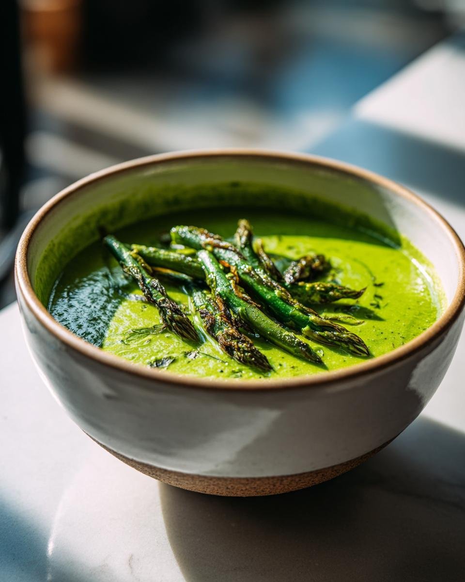 Nahaufnahme einer leuchtend grünen Asparagus Soup, garniert mit gerösteten Spargelstangen.