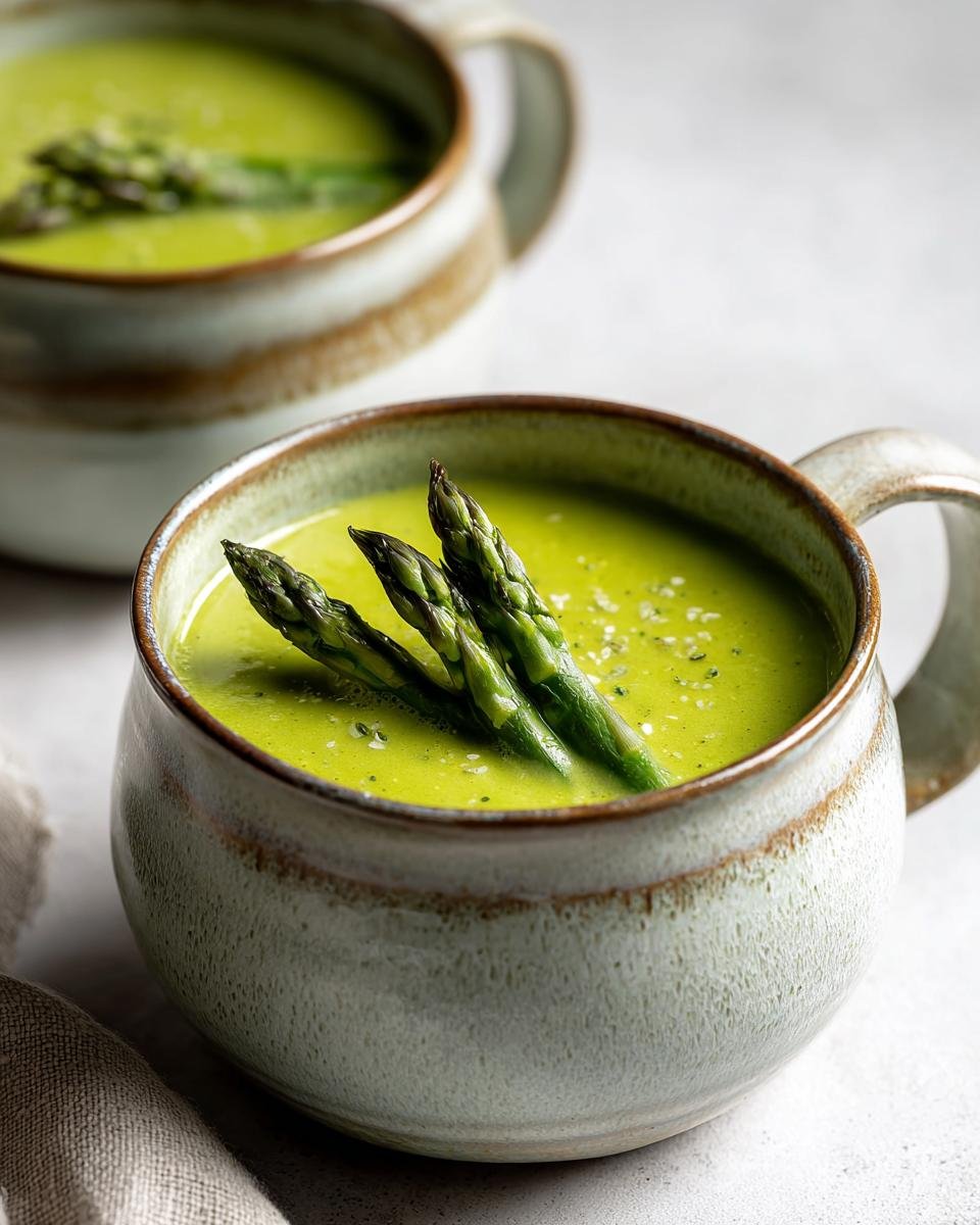 Nahaufnahme von cremiger, grüner Asparagus Soup, garniert mit drei frischen Spargelspitzen in einer rustikalen Tasse.