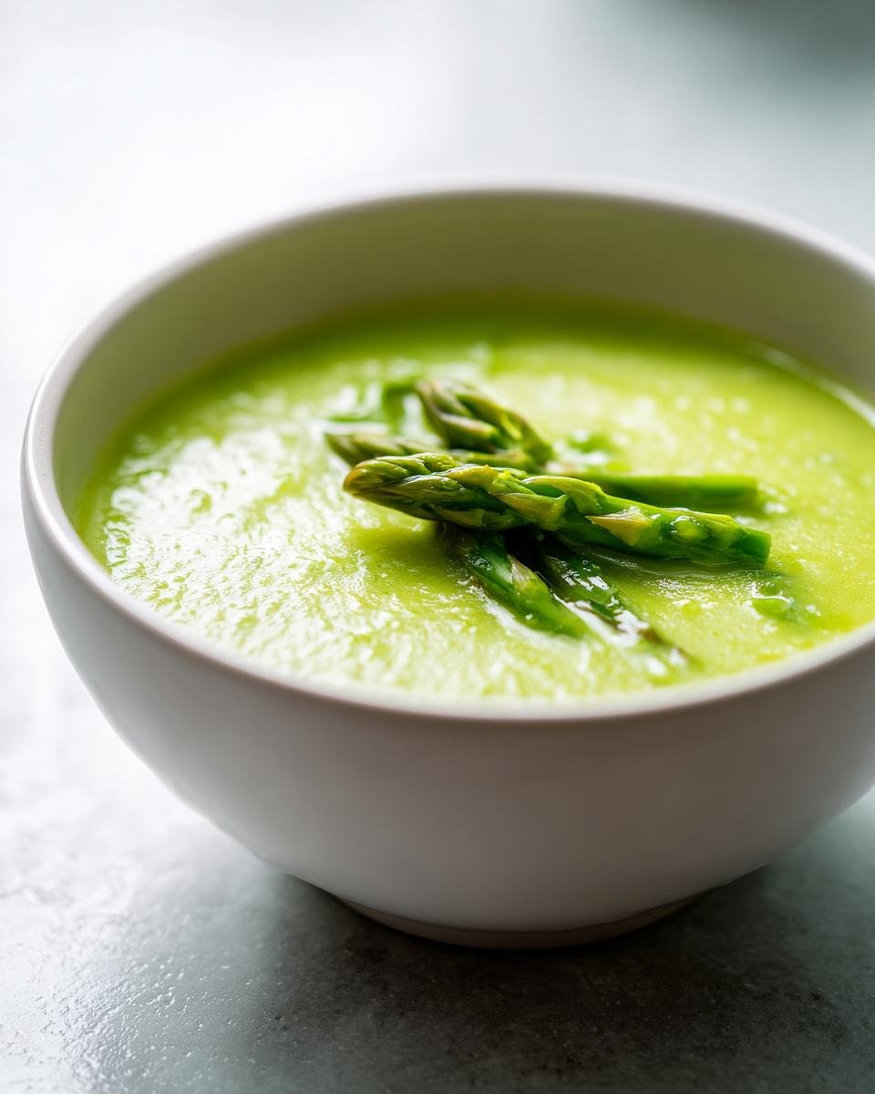 Nahaufnahme einer Schüssel mit leuchtend grüner Asparagus Soup, garniert mit pochierten Spargelspitzen.