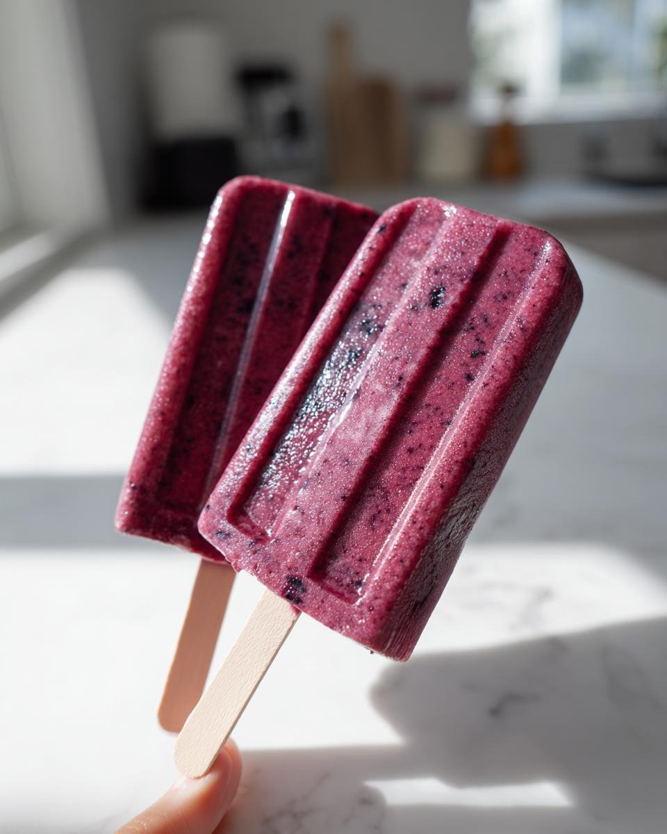 Nahaufnahme von zwei cremigen Blaubeer-Eis am Stiel, die in der Sonne gehalten werden.